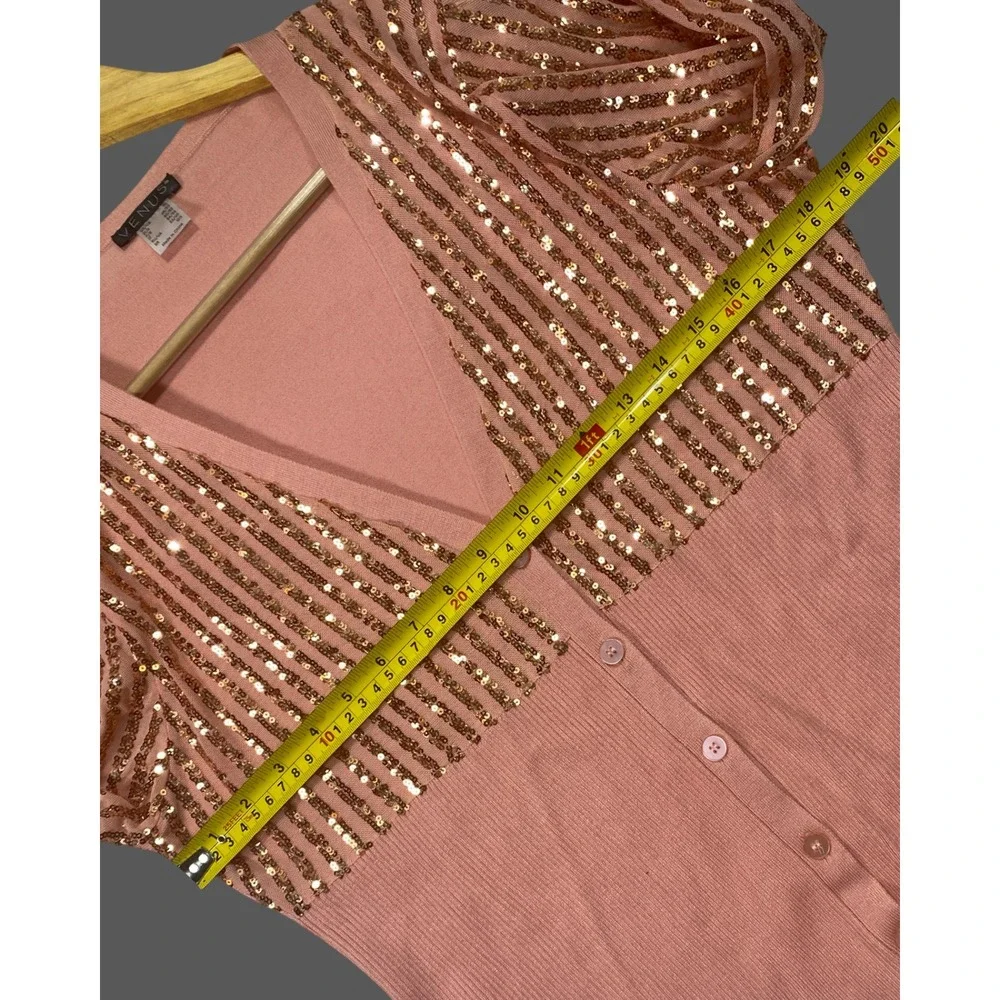 Venus Womens XL Pink Rose Gold Sequin Stripe Button‎ Front Cardigan Sweater NWOT